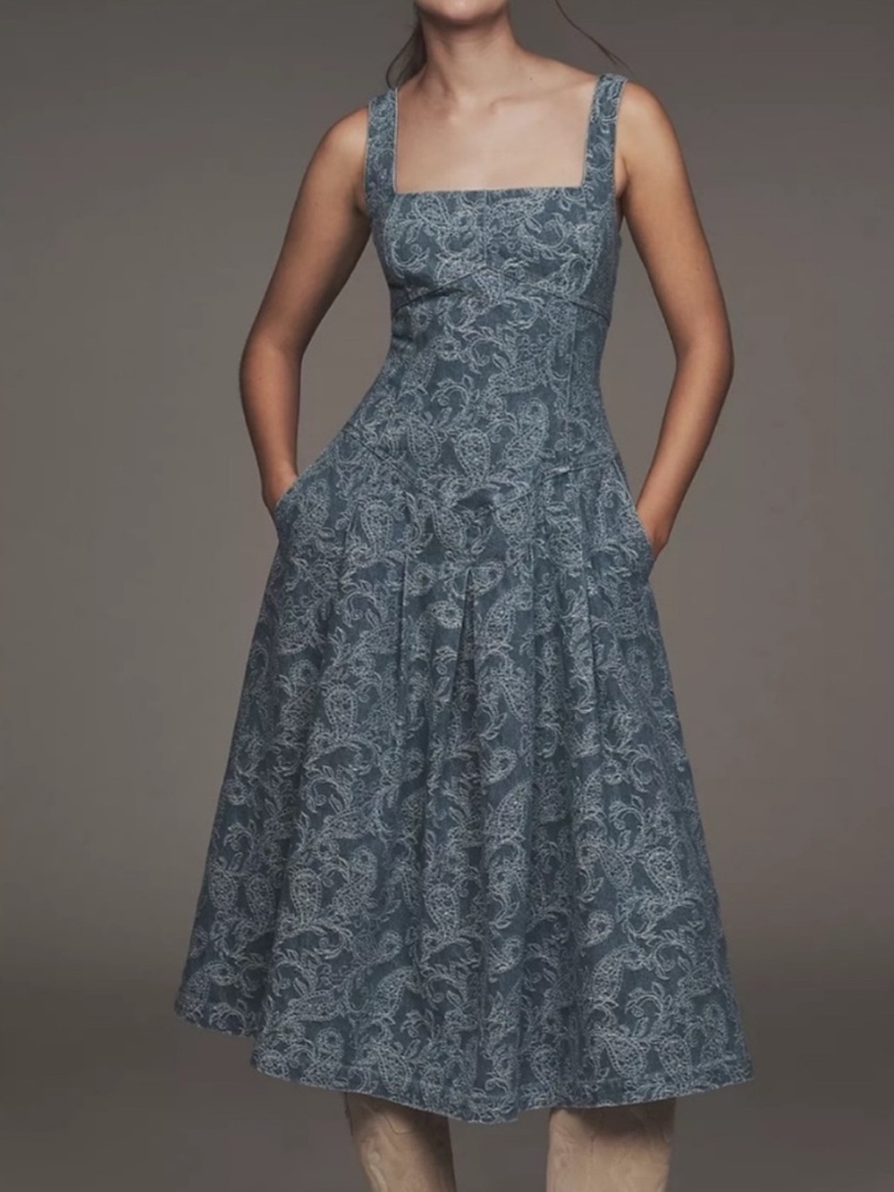 Avec Les Filles Slate Blue Denim Paisley Square-Neck Midi Dress